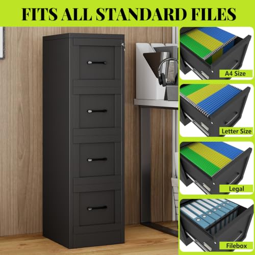 GDNVBRDS 4-Drawer Metal File Cabinet with Lock, Tall Narrow Vertical, Black