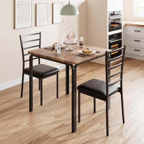GOCAPTAIN Space-Saving Dining Table Set for 2, Small Dining Table with 2 Chairs, 29.1" Square Kitchen Table Set, MDF Tabletop with Metal Frame, Upholstered High-Back Chairs, Compact Dining Furniture
