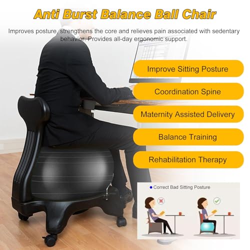 RENLXFI Pink Balance Ball Chair for Adults, Adjustable Active Sitting Medicine Ball Chairs - Spine Support Rehabilitation Chair, 21 3/5 Inch Fitness Ball Rolling Stool