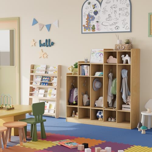 GarveeTech 5-Section Wooden Kids Coat Locker with 9 Storage Cubbies & 10 Hooks, Child-Safe Anti-Tip Kids Storage Organizer for Daycare, Kindergarten, Nursery, School, Playroom & Home