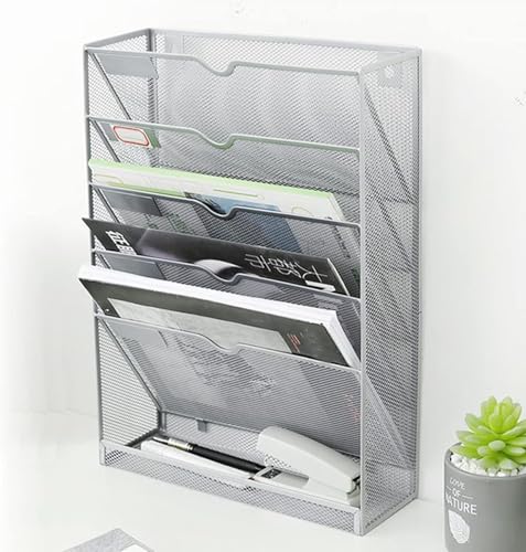 DOIBG 5 Tier Vertical Wall File Organizer Metal Mesh Wall Mount Hanging File Holder with Hanging Hole Paper Document Magazine Rack for Office Home School, Silver