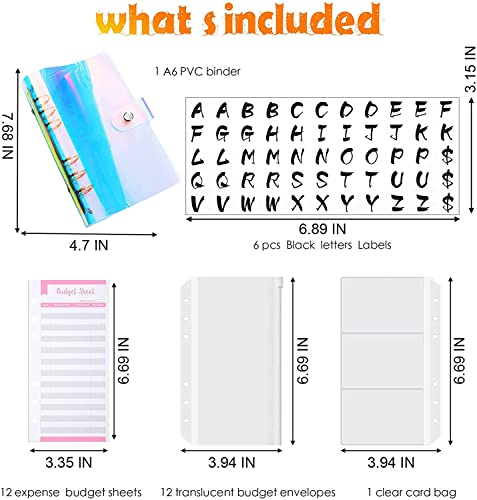 ONMYJFD A6 Binder Refillable Notebook Cover with 12 Cash Envelopes Budget Sheets and 2 Pieces Black Letters Labels for Planner Office