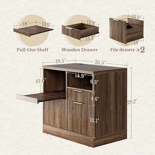 Perledesign 3 Drawer File Cabinet, Fluted Wood Lateral Filing Cabinet with Charging Station for Home Office, Fits for A4/Letter-Sized Files, Printer Stand with Open Storage Shelves, Black Walnut