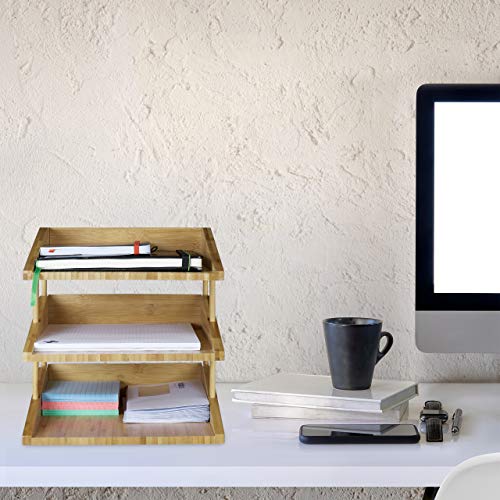 Relaxdays Document Filing Tray, Stackable, DIN A4 Letter Rack, Office, Desk, Bamboo, 3 Tiers, Natural