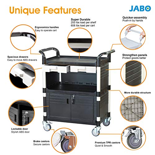JaboEquip 3 Tier Heavy Duty Utility Cart, Lockable Medical Cart, 606 lbs Load for Lab, Hospital, Office, JB-3KD1, Black