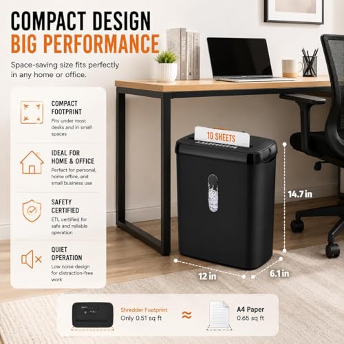 10-Sheet Strip Cut Paper Shredder for Home, Small Shredders for Home Use with Jam Proof System, P-2 Security Level, 5-Min Continuous Run, 3.17 Gallon Bin, Black