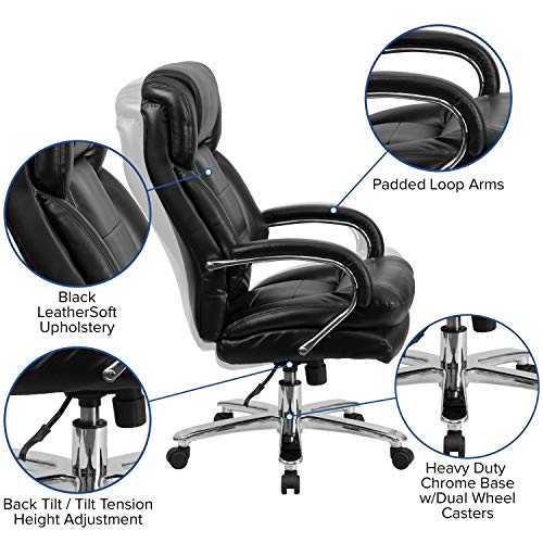 Flash Furniture Hercules Series LeatherSoft Swivel Office Chair with Loop Arms, Ergonomic High-Back Executive Chair with Padded Seat and Arms, Black