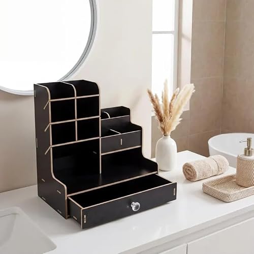GHCUHJ Natural Bamboo Desk Organizer, Multi-Compartment Storage Caddy with Drawer, Desktop Organizer for Office Supplies, Makeup, Stationery, Home & Office Use