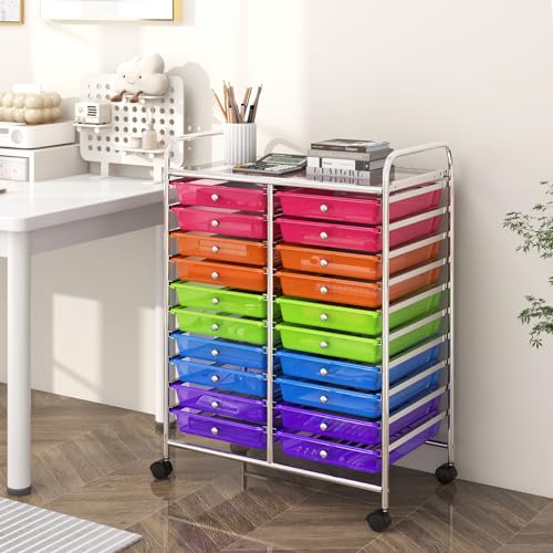 Rolling Cart with 20 Drawers, 20 Tiers Multicolor Trolley, Drawer Bin Carts with 2 Lockable Wheels, Adjustable File & Debris Organizer Cart, Rolling Storage Cart for Office, School, Home