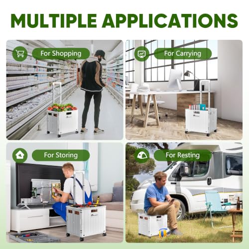 Dkenicor Folding Utility Cart, Portable Rolling Crate Handcart Collapsible Shopping Trolley with Lid, Foldable Tool Box Basket with 4 Rotate Wheels for Grocery, Office, Luggage, School - White