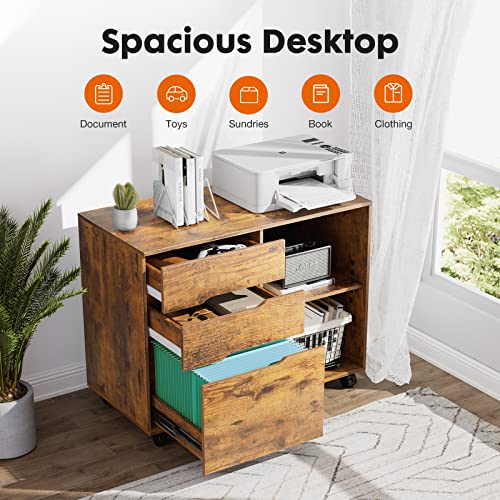 UOCFYK File Cabinet with 3 Drawers, Mobile Lateral Filing Cabinet with Open Storage Shelves for Home Office Under Desk Storage, Brown