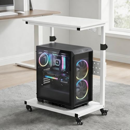 Takywep Adjustable Height Mobile Computer Tower Stand with Wheels - 2-Tier Rolling Under Desk CPU and Printer Cart - Wood Top & Metal Frame - White