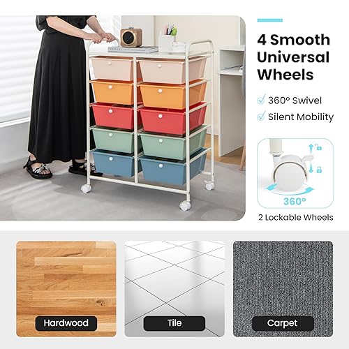 CLEEMAN 10-Drawer Rolling Cart with Drawers, Storage Cart with Universal Wheel & Metal Frame, Multipurpose Mobile Trolley Utility Cart for Makeup Kitchen Office Play Room (Macaron)