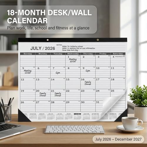 Desk Calendar 2026-2027 - Large 18-Month Monthly Desk Pad, July 2026 to December 2027, 22" x 17" Calendar with 120g Thick Paper, Golden Hanging Holes & Goals Section for Office and Professional Use