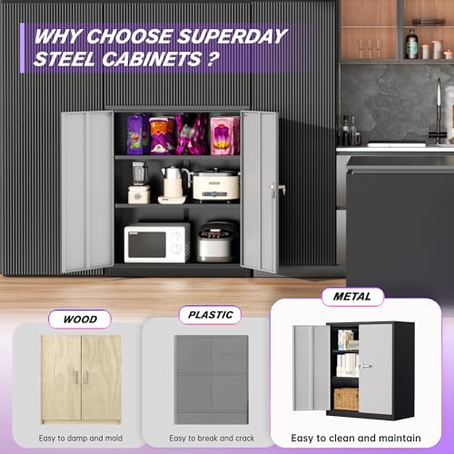 Superday 36" Metal Storage Cabinet, Garage Storage Cabinet with Locking Doors and Adjustable Shelves, Steel Lockable Cabinets, Tool Cabinets for Home Office, Garage, School（Black Grey）