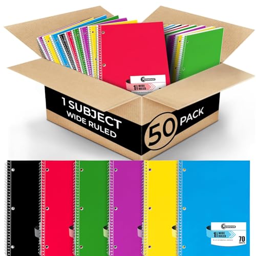 Rosmonde 1 Subject Spiral Notebook Bulk, 50 Pack, Wide Ruled, Assorted