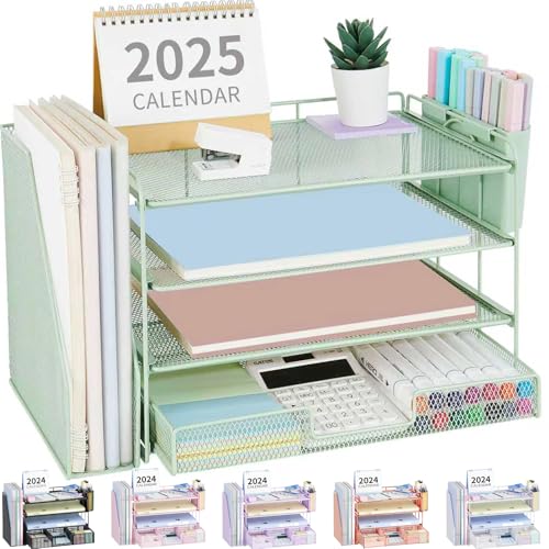 OPNICE Desk Organizer, 4-Tier Desktop File Organizer with Drawer and Pen Holders, Office Desk Accessories, File Sorters, Workspace Organizers for Office Supplies(Green)