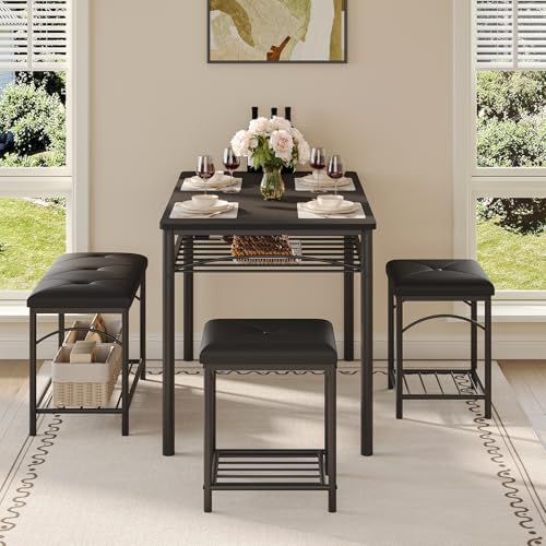 Garvee Dining Table Set for 4, Kitchen Table with Upholstered Bench and 2 Stools, 4 Pieces Kitchen Table Set with Storage Rack & Metal Frame for Small Space, Kitchen Table and Chairs Set for Apartment