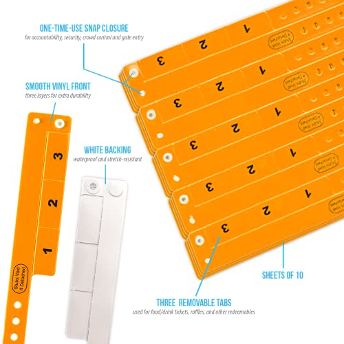 500 WristCo Neon Orange 3 Tab Vinyl Cash Tag Wristbands for Events