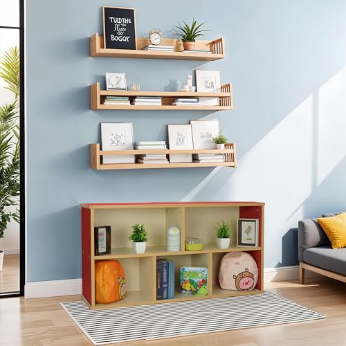 FDP Laminate 5-Compartment Storage Cabinet 24 inch Height Organize Books, Toys, Games, Art Supplies, Durable, Sturdy Furniture for Home, Daycare, Preschool, Classroom - Almond/Red, 13886-ALRD