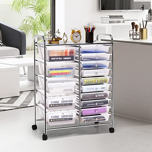 DREAMADE Rolling Cart with 15 Drawers, Clear Plastic Drawer Organizer w/Lockable Wheels, Removable & 2-Sized Storage Drawers, Art Cart for School Home Art Supplies Crafts File Scrapbook (Transparent)