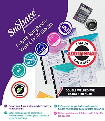 Snopake A4 High Capacity Polyfile RingBinder Popper Wallet, Portrait – Clear with Electra Assorted Flap [Pack of 5] Ref: 15695