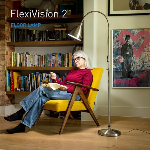 Daylight FlexiVision 2™ LED Floor Lamp – 3,500 Lux at 12", 5 Brightness Levels, 3 Color Temperatures, 95+ CRI, Adjustable Arm & Swivel Head, Anti-Tip Base, Low Vision Aid – Brushed Steel