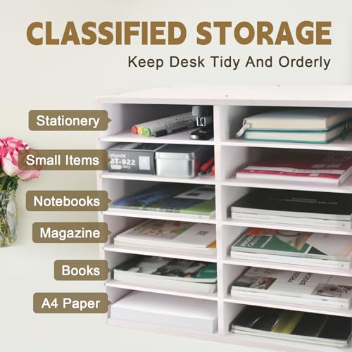 SONGWAY Desk Paper Storage Organizer - 12-Slot Literature Organizer with Adjustable Shelves, Countertop Mail Sorter Organizer, Desk File Sorter Organizer, Mailbox for Classroom Office, White