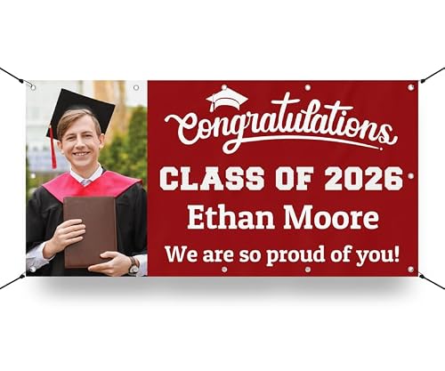 Personalized Graduation Photo Vinyl Banner Sign - Class of 2026 Custom Photo and Name - Milweb1 - Burgundy - 4'x8'