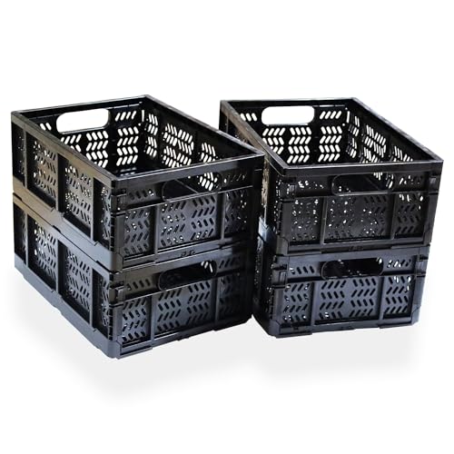 KINGSUSLAY 4-Pack Plastic Storage Crates,20L Foldable Baskets,Collapsible Crates, Storage Baskets and Bins for Toys, Home Storage, Office Products, Gifts(Black)