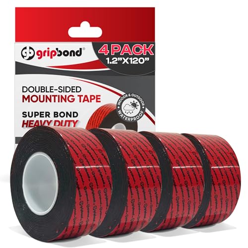 GripBond Black Super Bond Heavy Duty Double Sided Tape, 4 Rolls (10 Ft), 1.2” x 120” – Waterproof Adhesive Mounting Tape for Indoor/Outdoor, Walls, Automotive, Car, LED Strip Lights, Home, Office