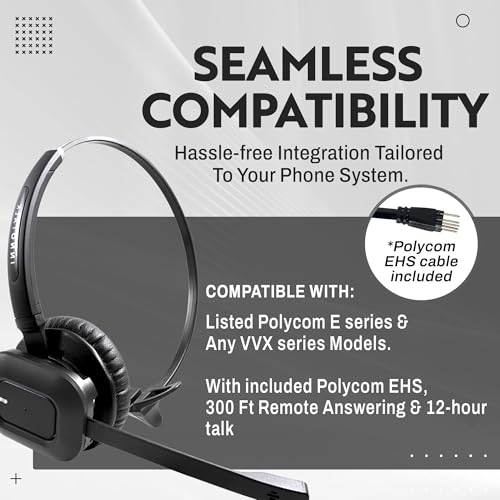 INNOTALK Remote Answering DECT Wireless Headset for Poly Polycom Edge Series Phones - Includes EHS Remote Cable | for E100, E220, E300, E320, E350, E400, E450, E500, E550 | Office & Call Center