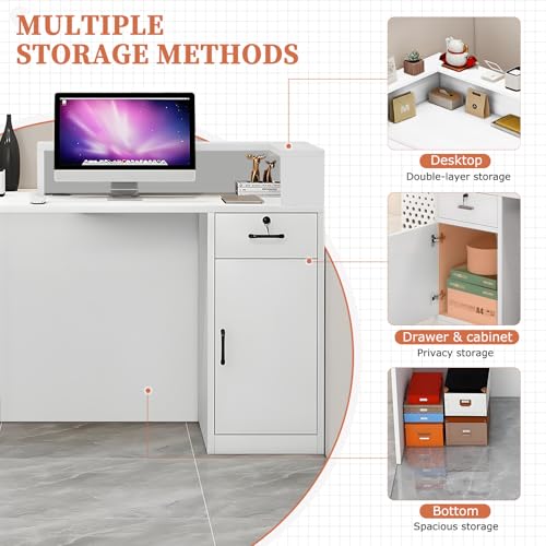 LSZMXI Modern Reception Desk with Drawer & Open Shelves, 39-95 Inch Front Counter Table, Computer Workstation Suitable for Salons, Offices, Lobbies, Retail Stores and Home Offices