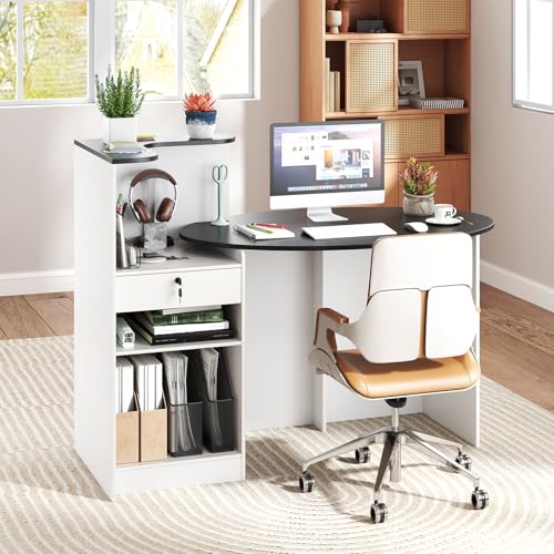 SILKYDRY Reception Desk, 54" Large Retail Checkout Counter with Lockable Drawer and Open Shelves, Wooden Front Desk Reception Counter, Oval Desktop & L Counter for Store Office Lobby Salon
