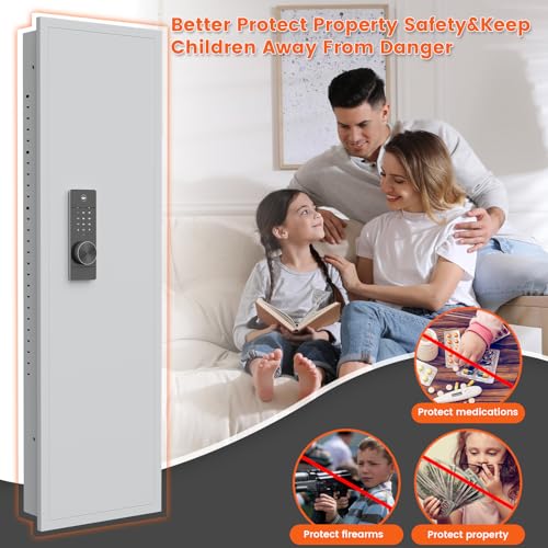 kavey 53.15" Wall Safe Between the Studs, Digital Hidden Safe with LCD Backlit Keypad, Large Wall Gun Safe with 5 Adjustable Shelves & Magnetic Slot for Home (White-Digital)