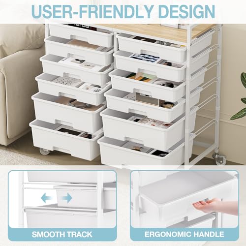 TOOLF 12 Drawers Rolling Storage Cart with Wooden Top for Classroom,White