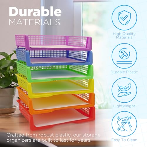 4E's Novelty 6 Colorful Plastic Trays for Teachers, Durable Turn in Trays, Classroom Paper Organizers, Stackable Storage Baskets for Office Desk, Classroom Organization Supplies, 13.3" Lx9.2 Wx3 H