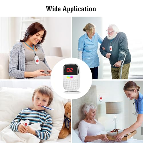 Caregiver Pager System with Digital Display for Elderly Assistance, Fall Prevention, and Nurse Calling，Wearable Wireless Pager for Patient Help at Home(1 Call Buttons + 2 Receivers)