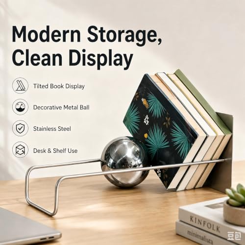 Gravity Ball Bookend, Stainless Steel Desktop Magazine Rack & Book Organizer, 18.9" Slanted Display Stand, Modern Decorative Book Holder for Office, Home, Entryway & Stainless Blue Ball