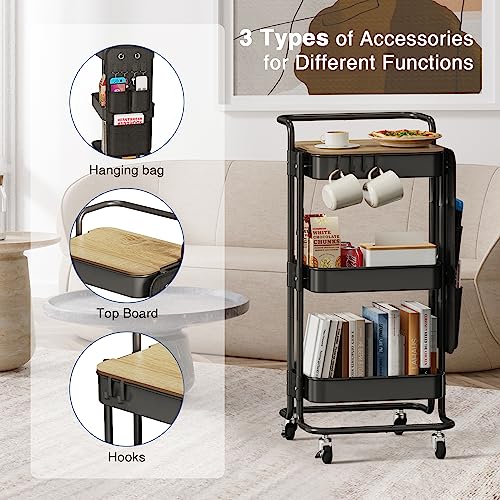 DTK 3 Tier Metal Utility Rolling Cart with Table Top and Side Bags, Tray Storage Organizer Wheels, Art Craft 4 Hooks for Kitchen Bathroom Office Living Room (Black)