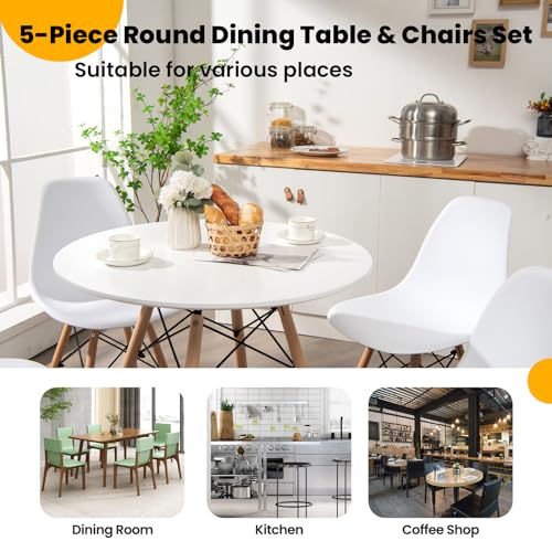 Tangkula Dining Table Set for 4, Round Kitchen Table and Chairs Set of 4 with Ergonomic Seat & Solid Wood Legs, 5-Pieces Modern Dining Set for Kitchen and Living Room