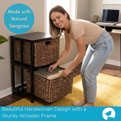 BIRDROCK HOME 2 Tiered File Cubby w/Wood Top - File Cabinet, Home Office Storage, Nightstand, Decorative Wooden Organizer | Desk, Modern Table, Shelves, Side Table, Craft Furniture - Brown Wash