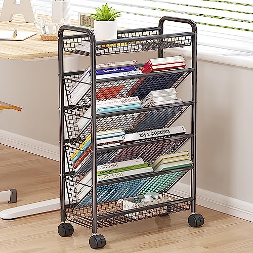 XBTGS Mobile Rolling Book Cart - Compact Black Metal Desktop cart with Wheels, Perfect for Tight Spaces. Ideal for Storing Books, Office Supplies, and Classroom Organ,Black-5 Tier