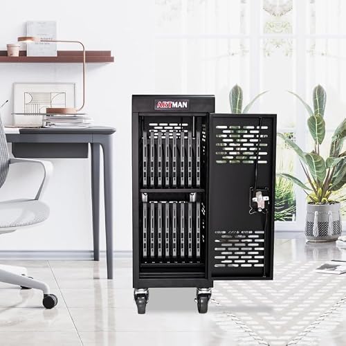 16-Device Charging Cart for Chromebook - Locking Laptop Cabinet with Cable Management, Cord Organization,- Locks and Stores Tablets up to 14'' and 1.4'' Thick