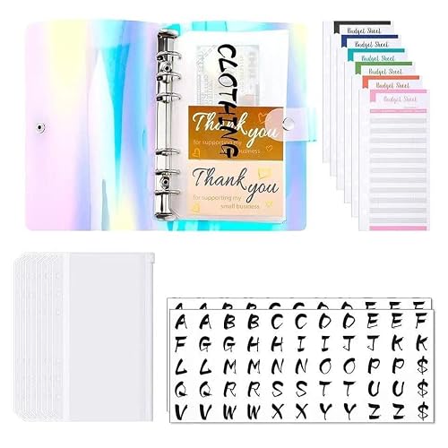 QERTYHKK A6 Binder Refillable Notebook Cover with 12 Cash Envelopes Budget Sheets and 2 Pieces Black Letters Labels for Planner Office