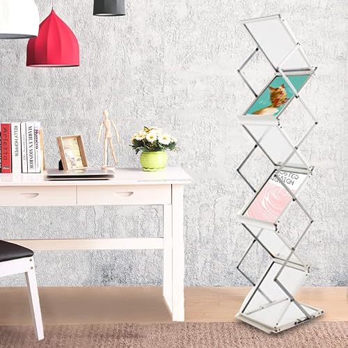 Displayfactory Pop up Aluminum Magazine Rack, 6 Pockets Brochure Display Stand, Foldable Literature Rack Magazine Catalog Display Stand with Carrying Bag for Office,Store, Exhibition & Trade Show