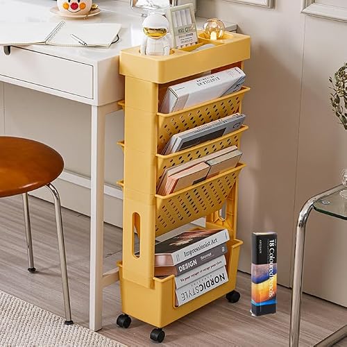 SXHEYUY 5 Tier Book Rack, Mini Space Storage Bookshelf, Large Capacity Decorative Movable Storage Shelving with Colored Pencils, Book Shelf Tall Narrow for Office Bedroom School,Yellow