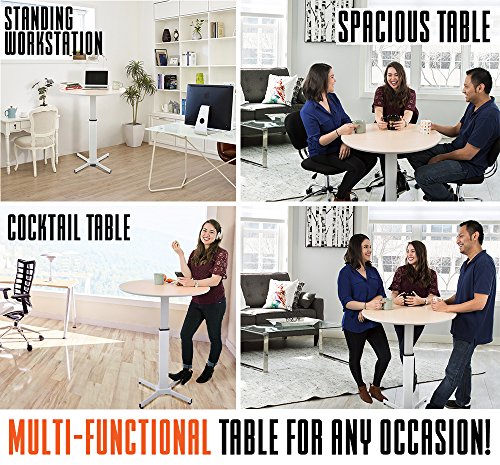 Stand Steady Adjustable Height Round Table - Ergonomic Sit to Stand Desk, Side Table, High Top Cocktail Cafe Table - Ideal for Saving Space and Comfortable Sitting (White/Maple, 31.5in x 28-42.5in)