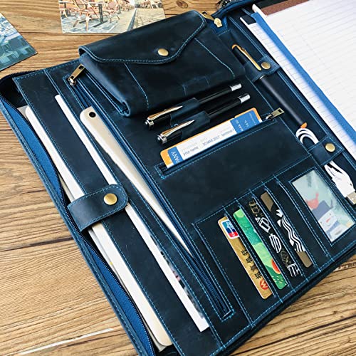 Gvalant Personalized Leather Portfolio, Letter Size Organizer Folders, Zippered Leather Portfolio, Leather Padfolio, A4 Notebook Holder, Portfolio Carrying Case for 14-inch Laptop, Blue