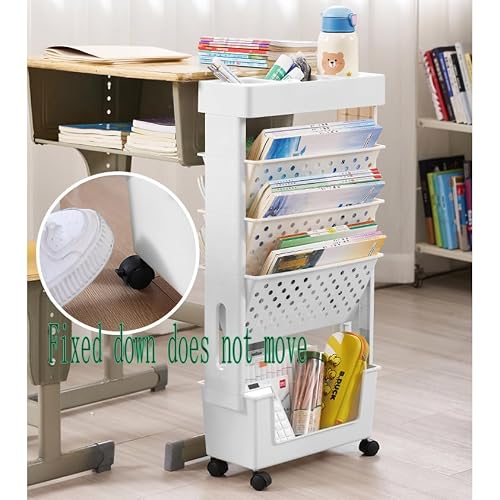 SXHEYUY 5 Tier Book Rack, Mini Space Storage Bookshelf, Large Capacity Decorative Movable Storage Shelving with Colored Pencils, Book Shelf Tall Narrow for Office Bedroom School,Yellow